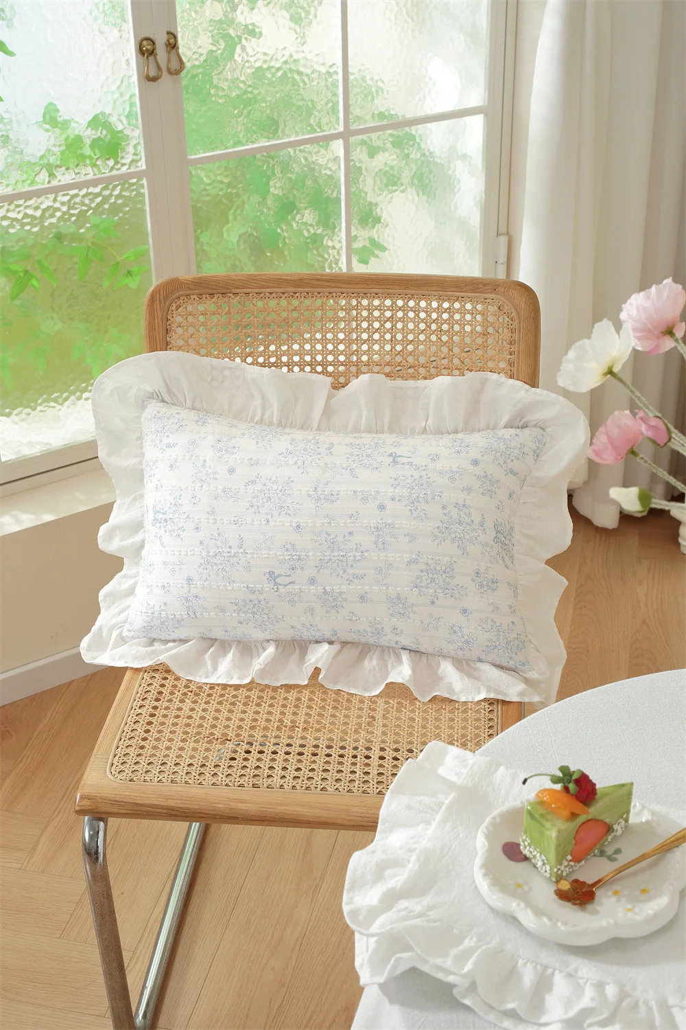 Französische Baumwoll-Kissenhülle, Rüschen-Design, bedruckt, Dekoration, Sofa-Kissenbezug, Kopfteil-Kissenbezüge, 30x50/45x45cm – Detail 6