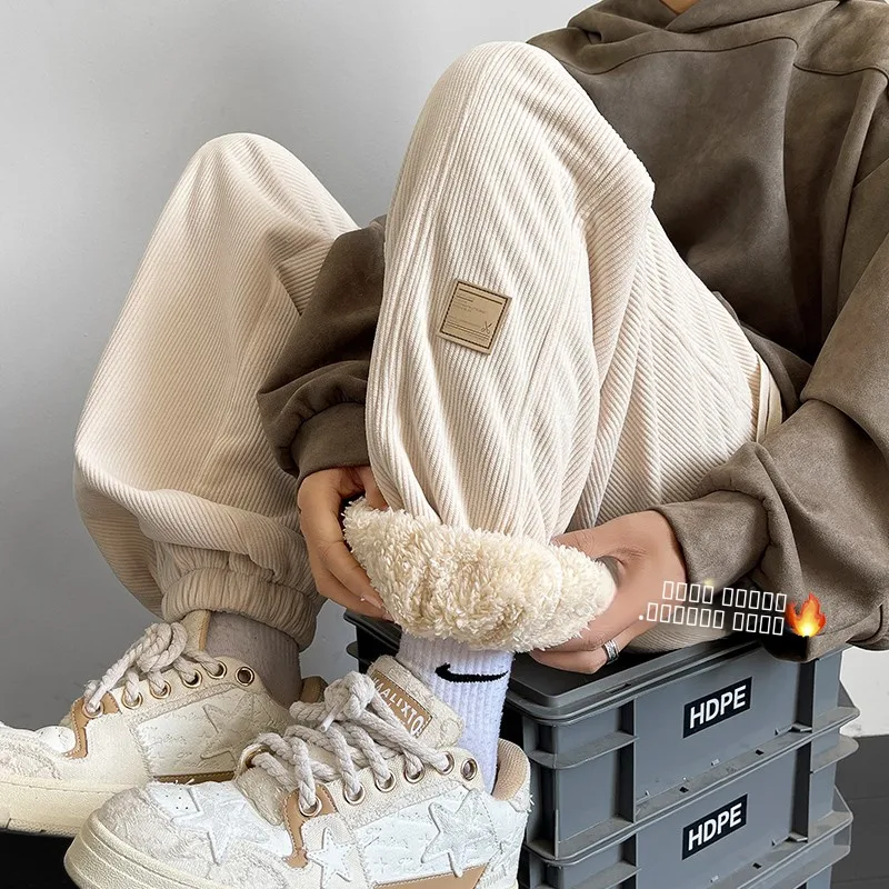 

Lamb Velvet Men's Pants Fleece Lined Thickened Autumn Winter Sports Loose Fit Trousers Elastic Waist Casual Straight Leggings