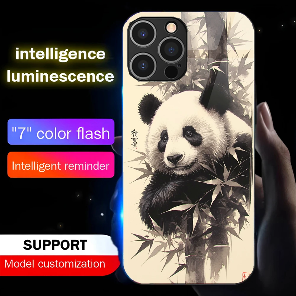 

Chinese Panda Ink Painting Smart LED Light Glow Tempered Glass Phone Case For iPhone Air 17 16 E 15 14 13 12 11 Pro Max Plus