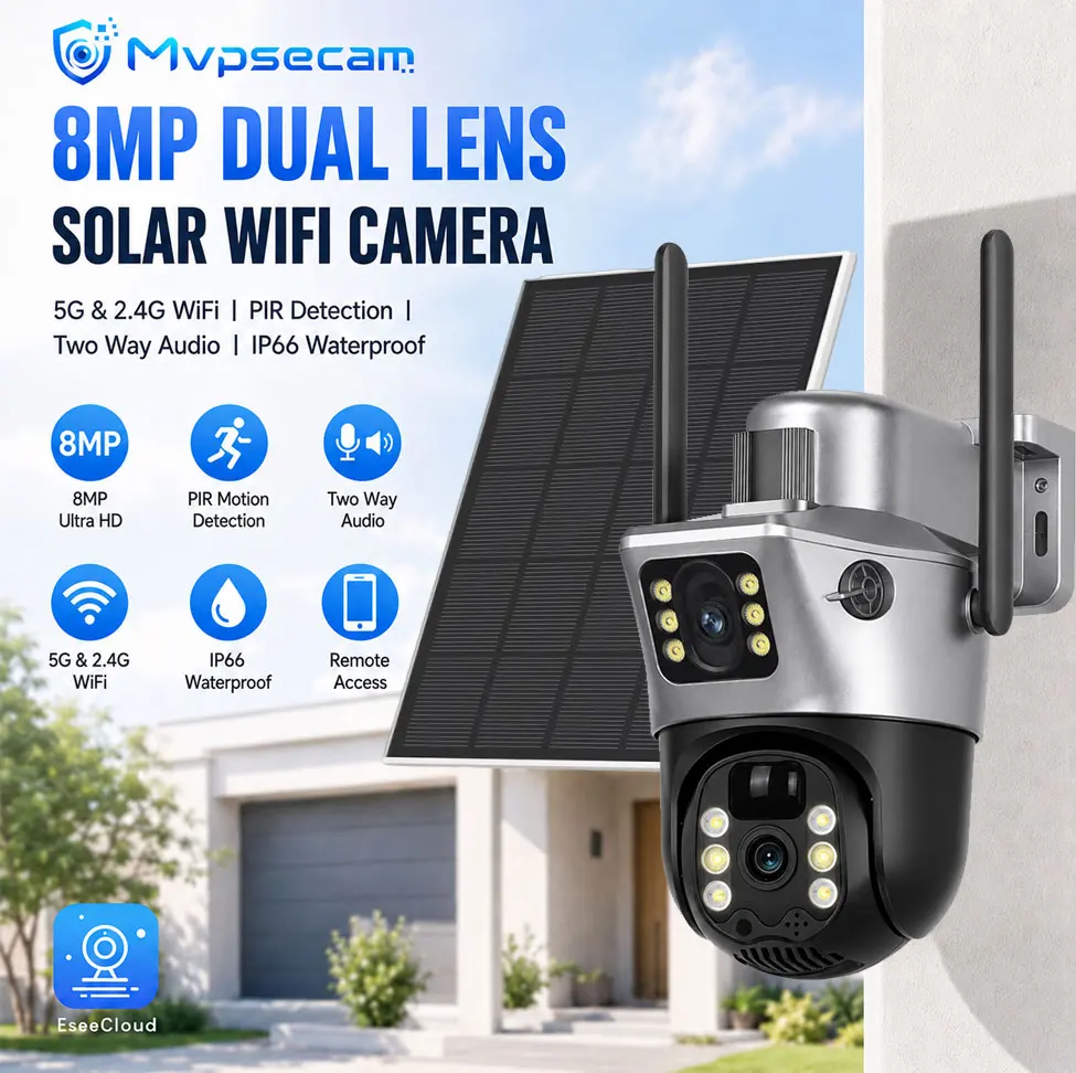 5G WiFi Solarkamera mit Doppellinsen und Doppelbildschirm für den Außenbereich, 8MP 4K, Energiesparender Akku, IP-Kamera, PIR-Nachtsicht, EseeCloud CCTV-Sicherheitsschutz