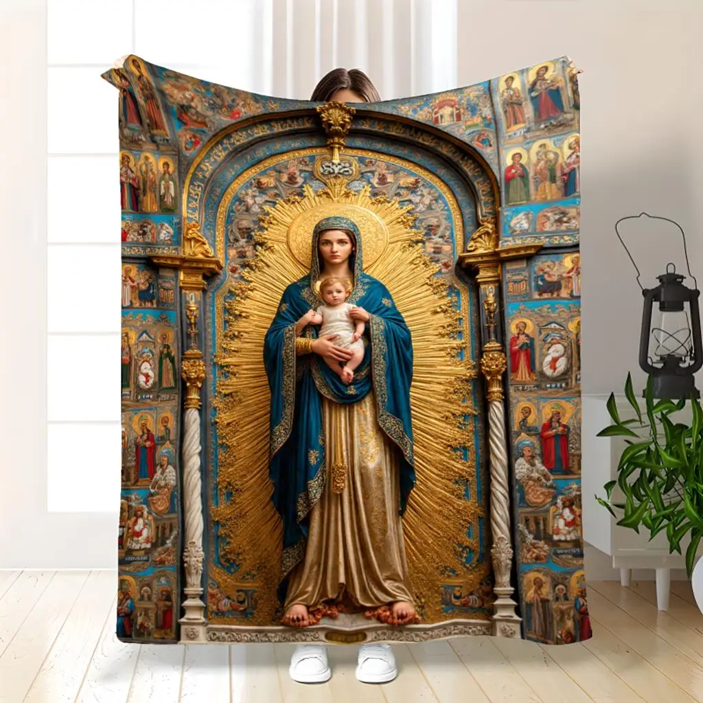 بطانية من الفلانيل مطبوعة ثلاثية الأبعاد من Holy Awe - تصميم فني ديني لمريم العذراء ويسوع، 280 جرام لكل متر مربع ثقيل للفصول الأربعة العالمية #1