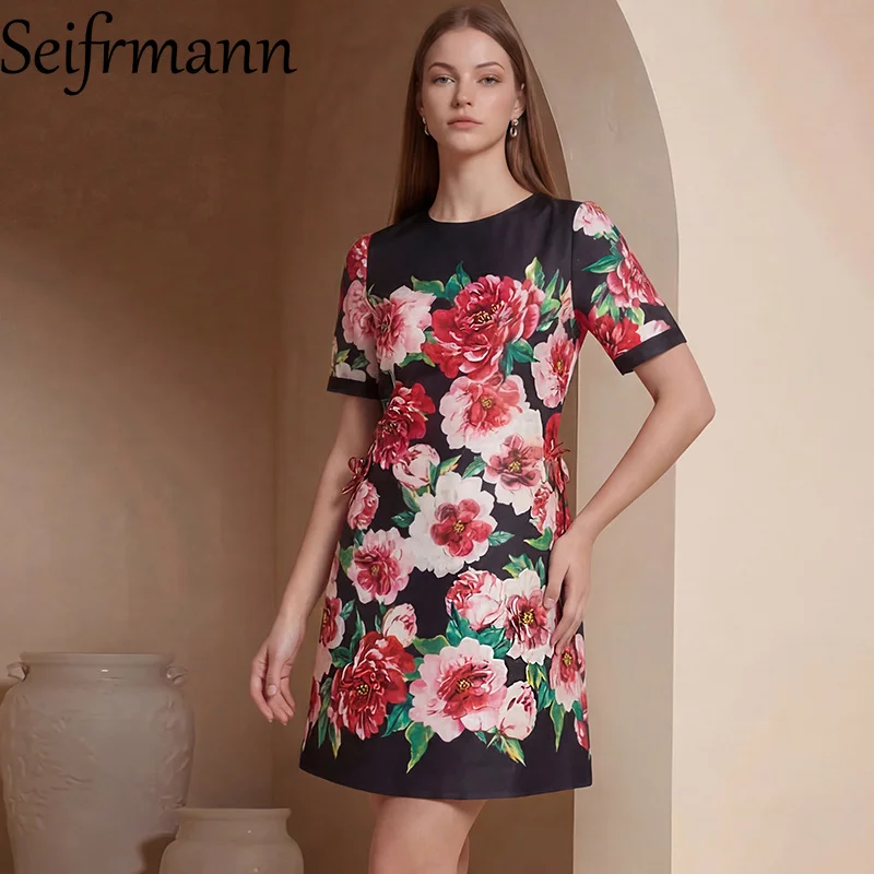 

Seifrmann 2026 Spring Women's clothing New Fashionable Round Neck Short Sleeve Jacquard Nail Bead Dress