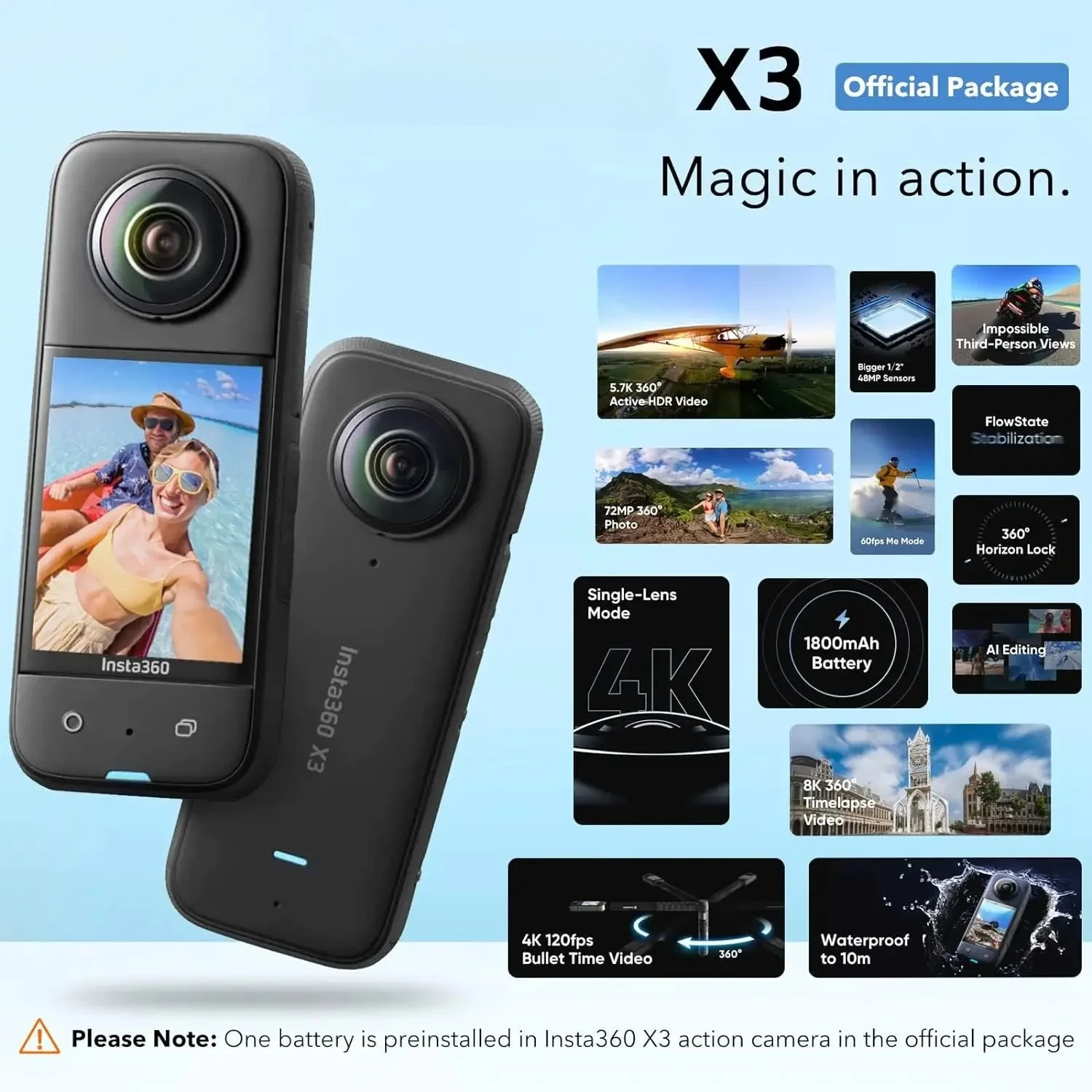 360 X3 4K Video Active HDR Mode 10M Waterproof Sports Action  With Selfie Sticker