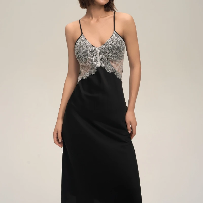 

2026 summer nightdress satin chiffon lace splicing suspender long dress backless loungewear