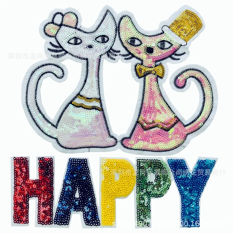 20pcs/lot Luxury Sequins Embroidery Patch Happy Mr. Mrs. Lucky Cat Couple Letter Animal Clothing Decoration Craft Diy Applique