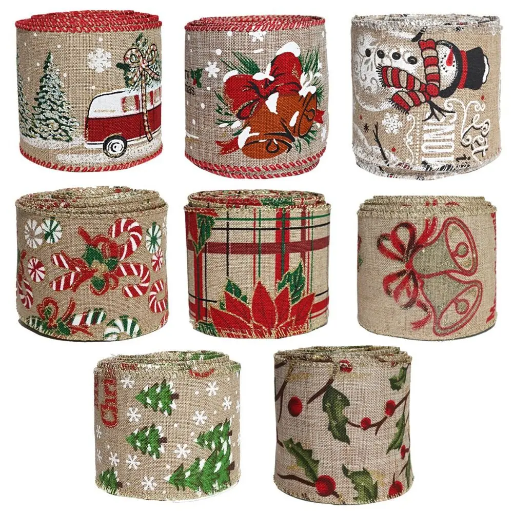 احتفالي الشريط الكتان عيد الميلاد الشريط الأحمر الأخضر ندفة الثلج طباعة شريط من الكتان 5 متر لفة سلك حافة الشريط إكسسوارات الشعر