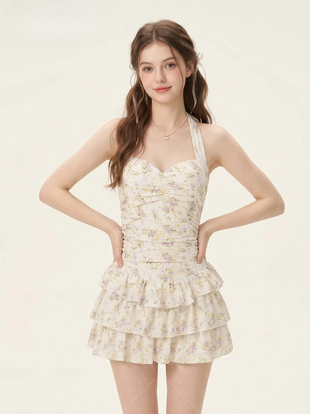 Girls Casual One-Piece Swimsuit Thermal Spring Floral Print High-End Feeling Skirt Style Cover up Breathable Long Sleeve