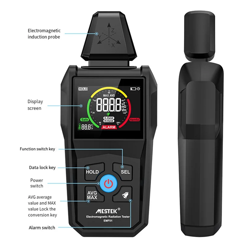 ABKI-MESTEK Przenośny detektor promieniowania elektromagnetycznego Tester temperatury i wilgotności w gospodarstwie domowym Cyfrowy detektor z kolorowym wyświetlaczem, Du