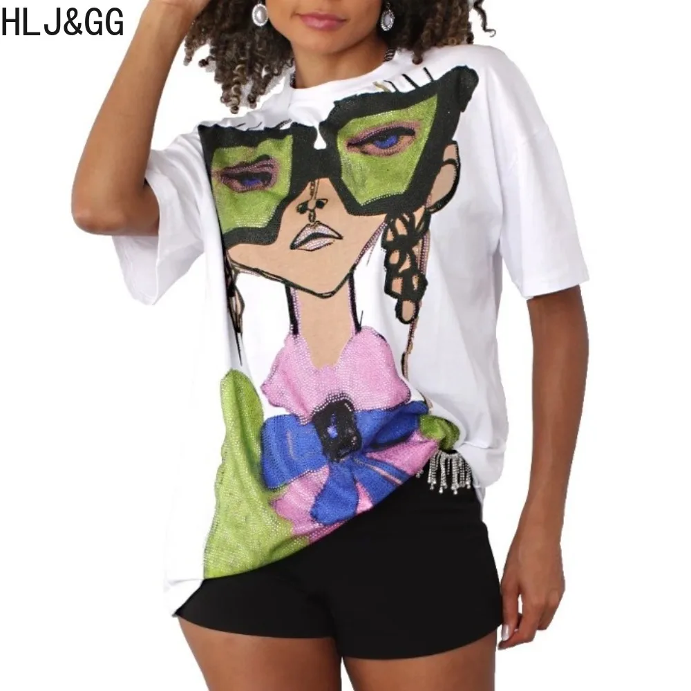 

HLJ&GG Fashion Y2K Rhinestone Streetwear Women Round Neck Short Sleeve Pattern Printing Loose Tshirt Casual Sequin Clothing 2024