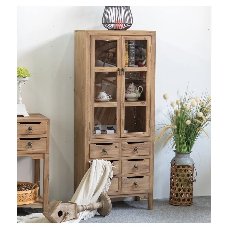 

Rustic Farmhouse Accent Cabinet Furniture Recycled Pine Wood Cupboard Cube Unit Bookcase Cabinet With Glass Door