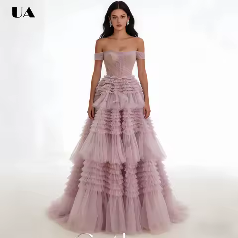 ULBYANRY Customized A-line Slash Neck Tiered Ruffled Tulle Prom Dress, Romantic Off-the-shouder Evening Dress, Elegant Ball Gown