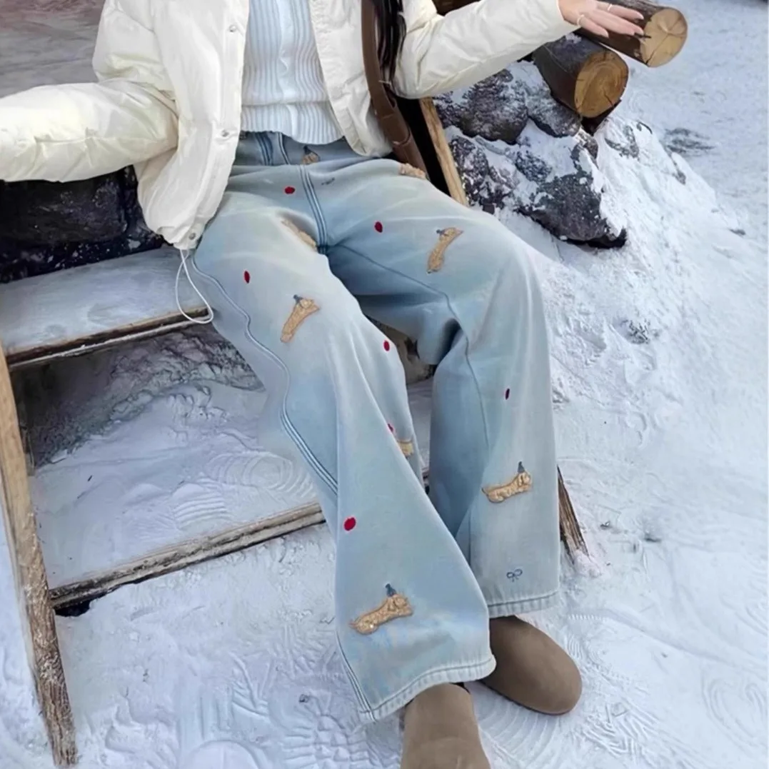 

Thickened Fleece High Waist Straight Leg Jeans Women's Autumn Winter Fashion Versatile Pear Shaped Loose Fit Slimming Wide Le...