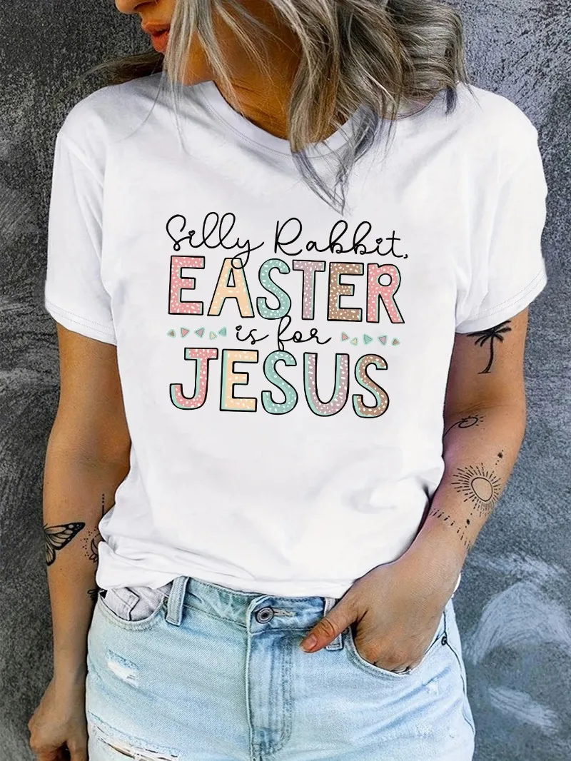 Women's Clothing t shirt Easter Print T-shirt, Short Sleeve Crew Neck Casual Top For Summer & Spring,