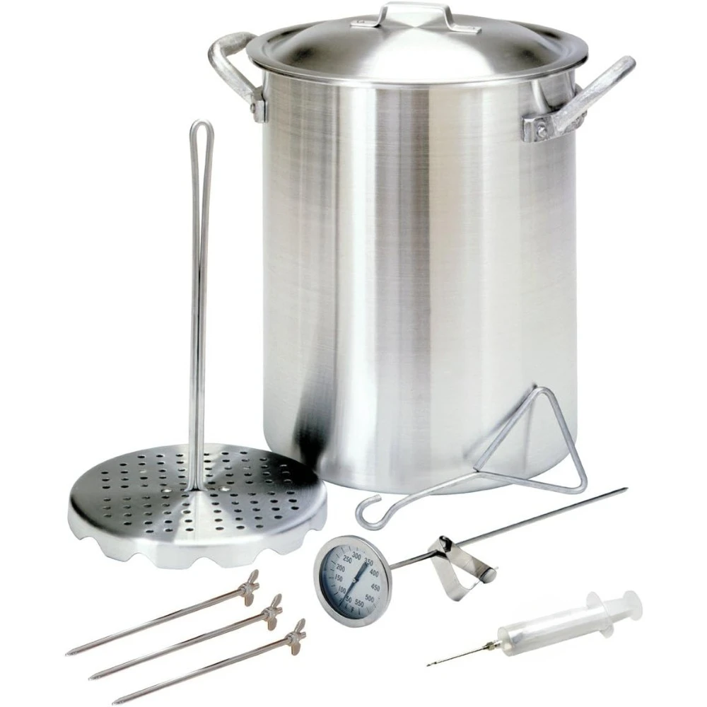 30-qt Aluminum Turkey Fryer Set Features 30-qt Aluminum Turkey Fryer Pot Perforated Poultry Rack & Hook 12-in