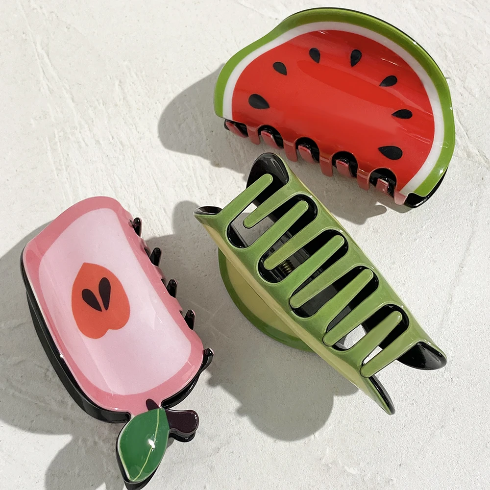 AENSOA Cute Fruit Acrylic Hair Claw Clips for Women Avocado Watermelon Peach Cartoon Shark Hair Clamp Hair Accessories Gift