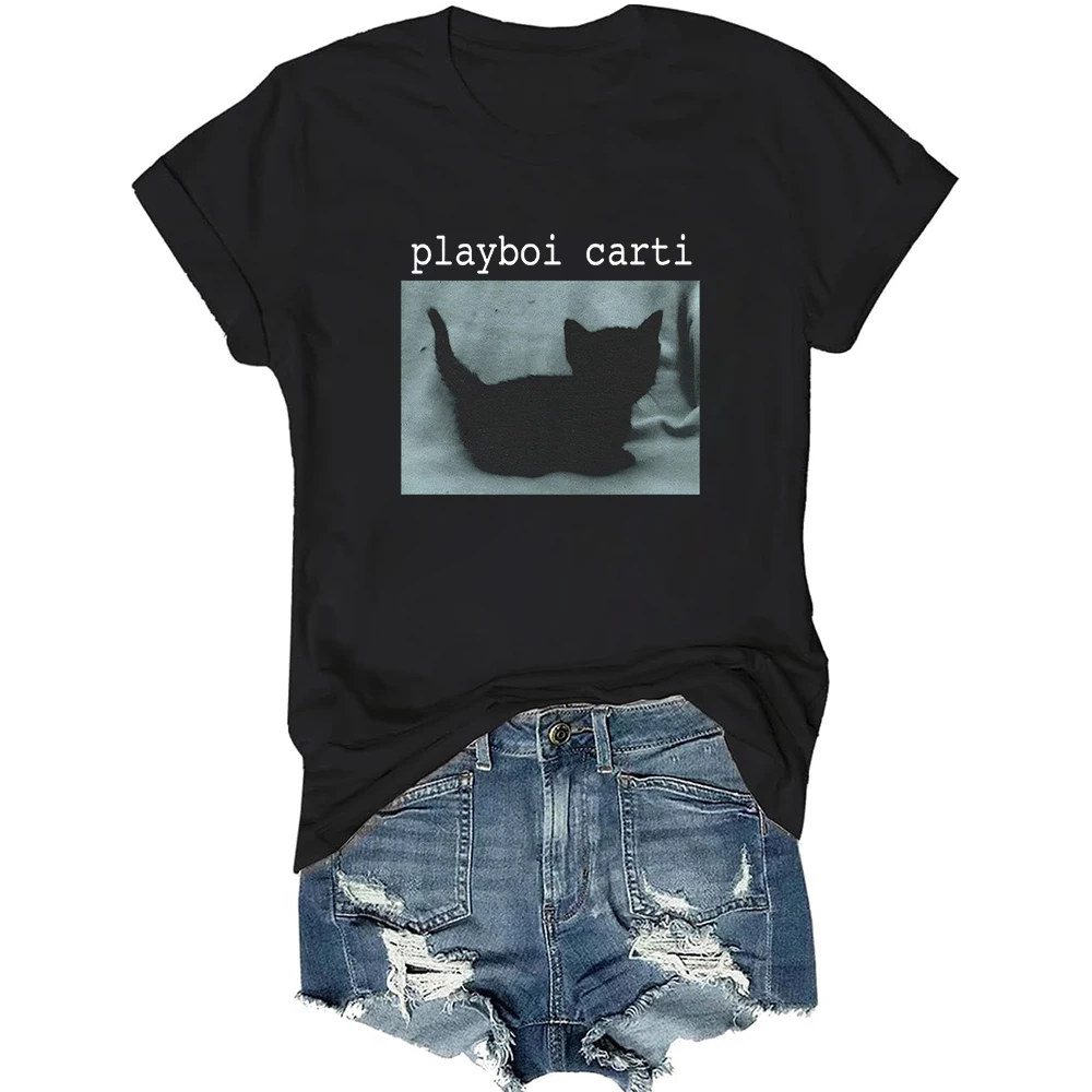 Playboi carti black cat Short Sleeve T-shirt Men/Women Fans Gift Vintage Casual Shirts