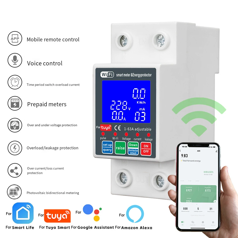 230V For WiFi Circuit Breaker With Backlit Digital Display, Remote Control And Energy-Metering Compatible For Tuya Smart App