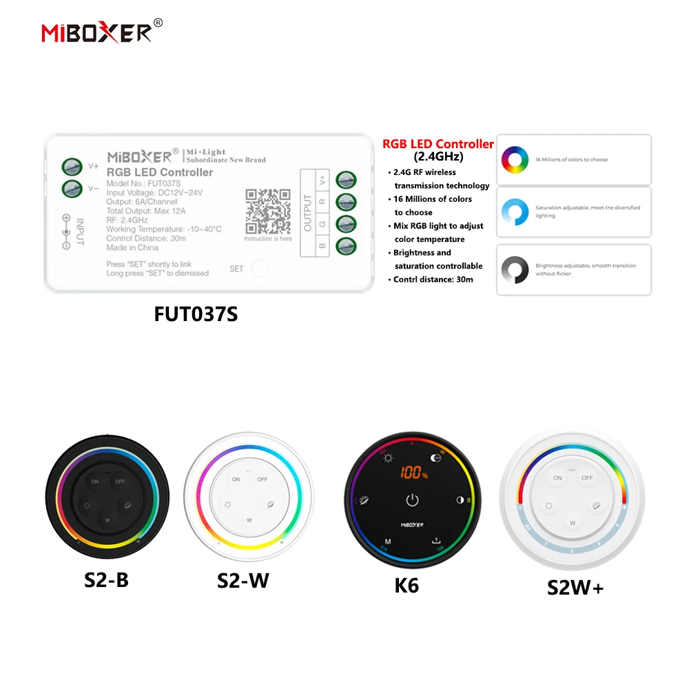 

MiBoxer DC12~24V FUT037S+S2/K6/S2W+ 2.4GHzRF Wireless RGB 6A/Ch 16 Millions of colors to choose LED Controller For COB/Led Strip