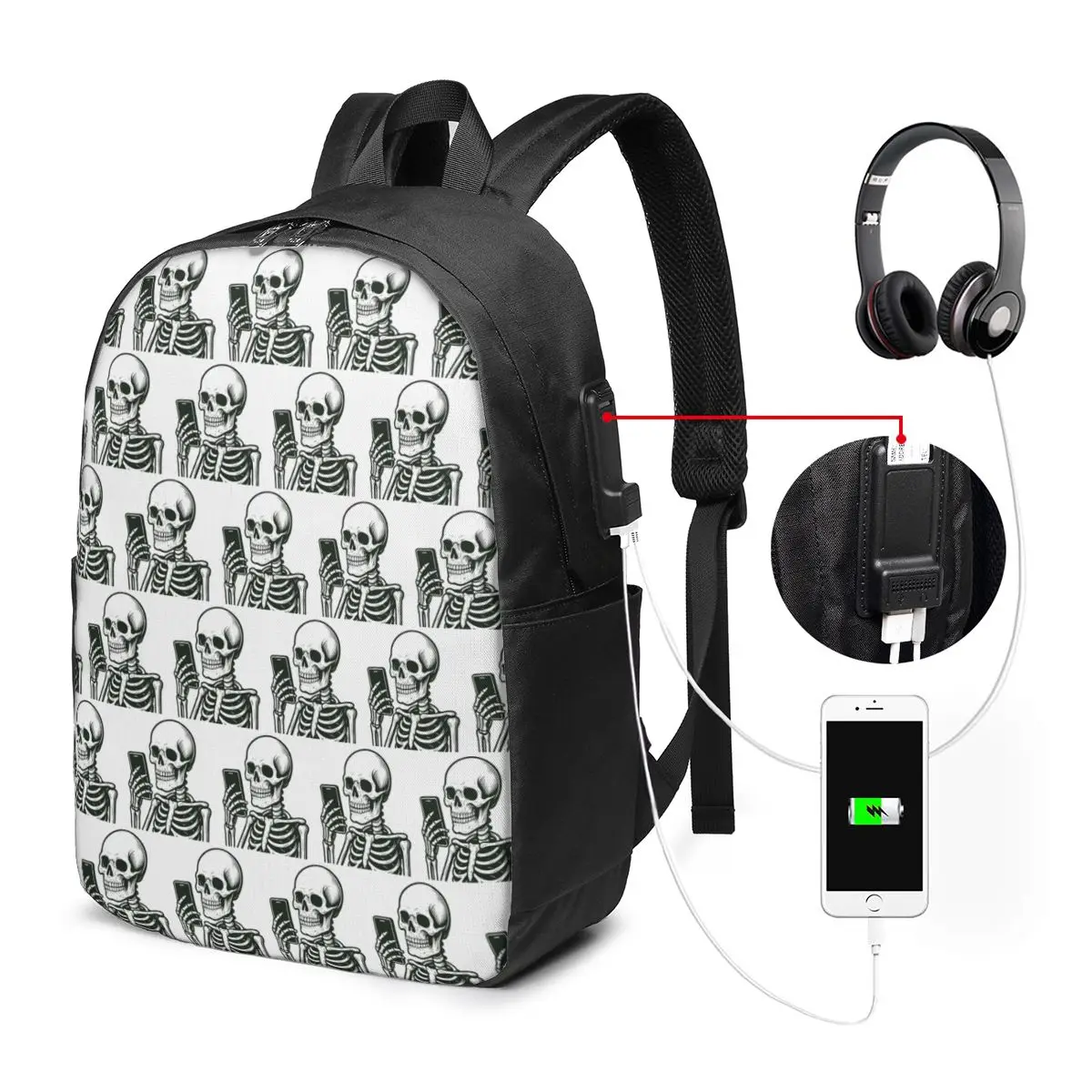 Skeleton Playing Phone Backpack Travel Notebook Bag Computer College Student School Bag Laptop Shoulder Bags for Men Women
