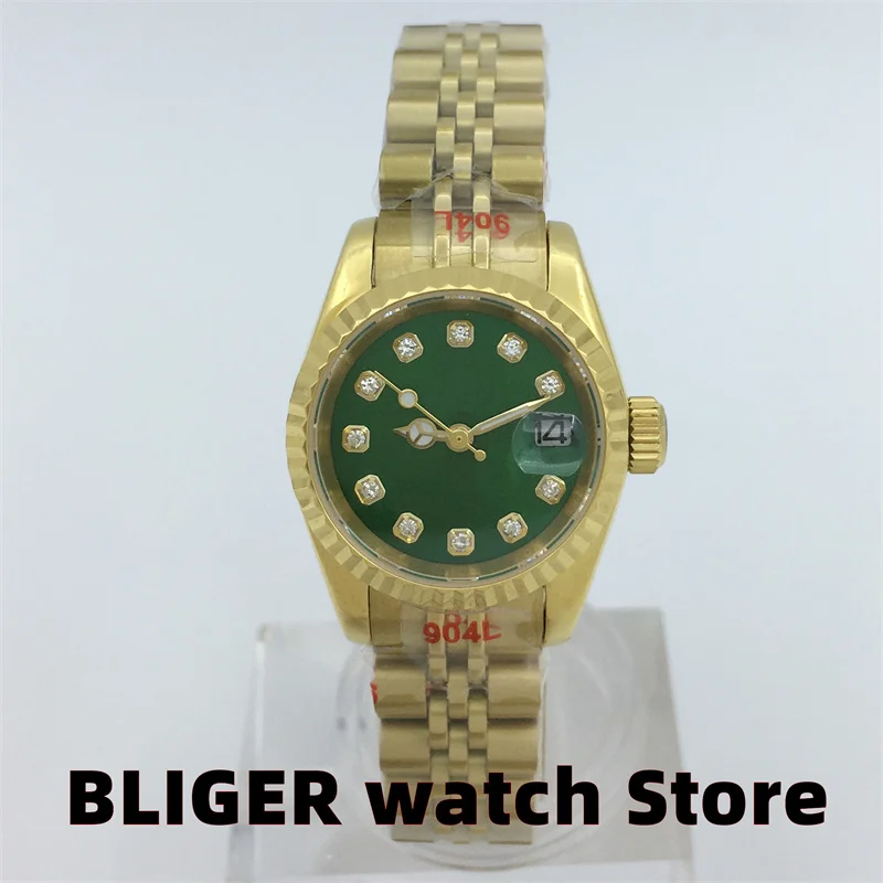 LIGER Mới Sang Trọng 26Mm Nữ Vàng Kim Cương Chỉ Số Xanh Mặt Số Ngày Cửa Sổ Kính Sapphire Nhật Bản NH05 Cơ Khí đồng Hồ Nữ