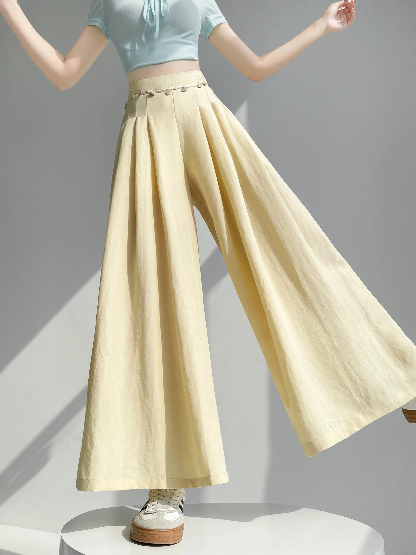 

Новые летние женские брюки-палаццо из ледяного шелка, хлопка и льна с бахромой, с высокой талией, повседневные, в стиле юбки-брюк