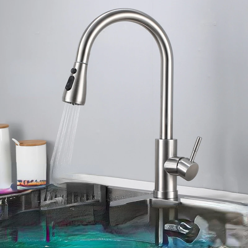 

Pulling Kitchen Faucet with Cold Hot Adjustment Stainless Steel for Easy Cleaning Telescopic Rotatable Multifunctional Faucet