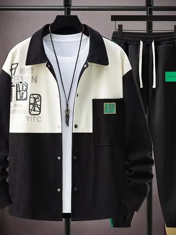 Conjunto de Camisa y Chaqueta de Pana Negra para Hombre, Ropa Deportiva Casual de Otoño e Invierno para Adolescentes, Estilo Moderno de Alta Calidad, Manga Larga