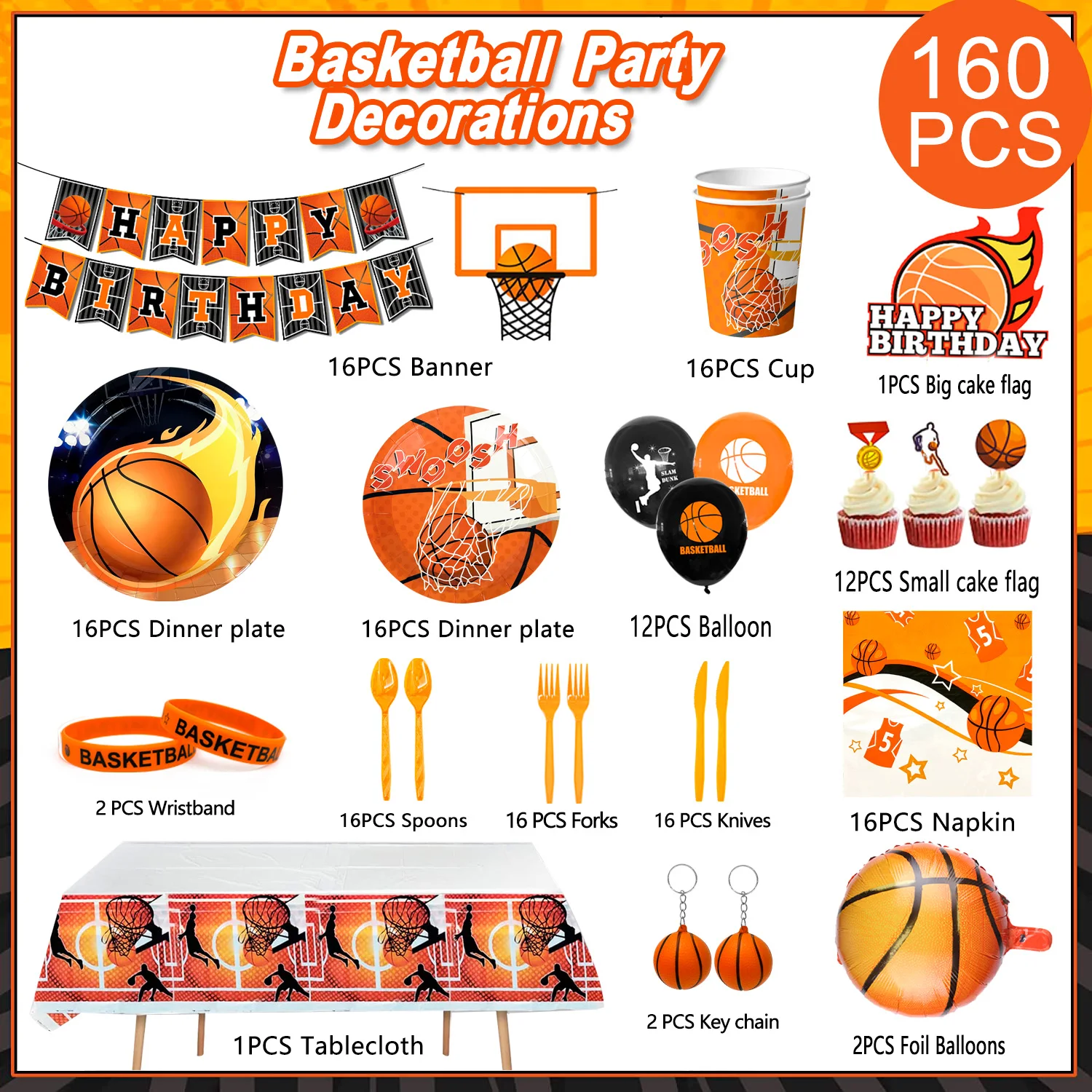 Basketball-Geburtstagsdekorationen, 160-teiliges Set aus Basketball-Partyzubehör und Dekorationen – Luftballons, Banner, Tischdecken, Teller usw