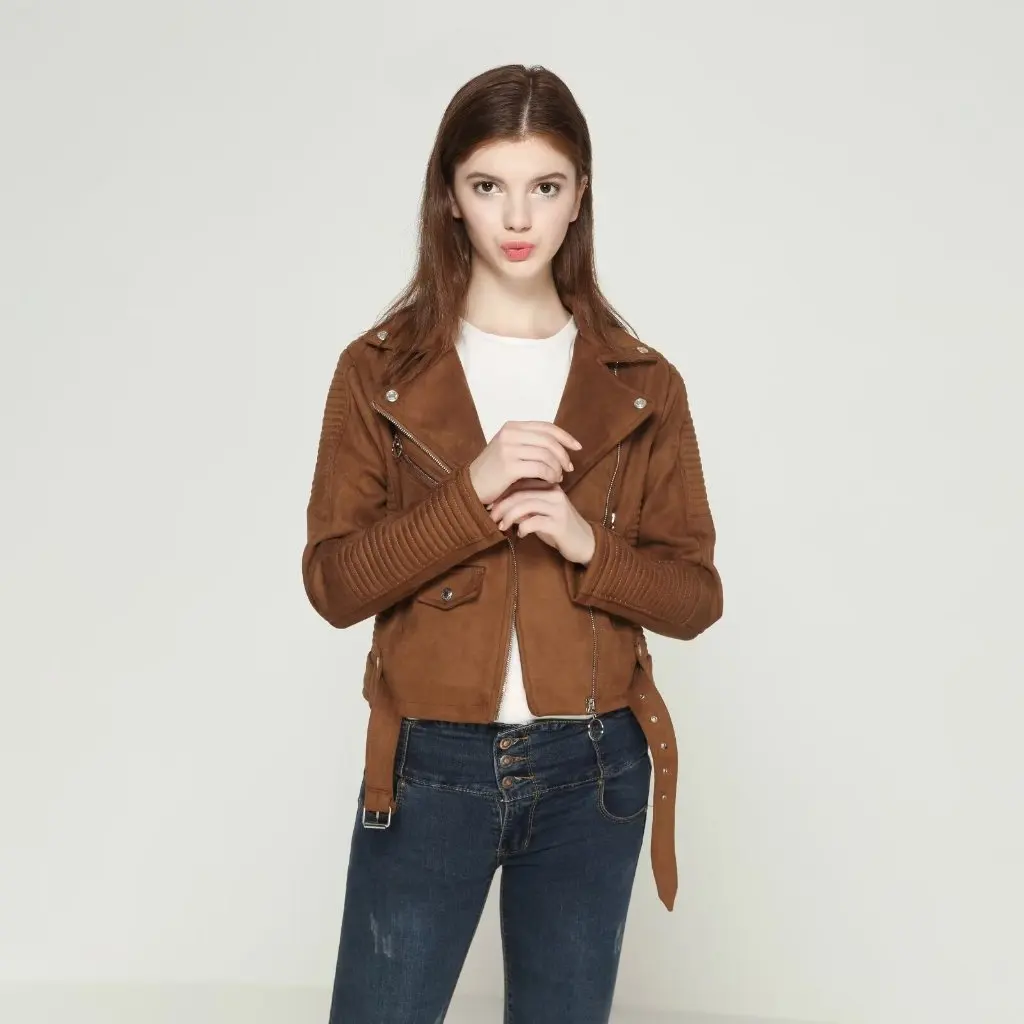 

American Retro Women's Suede Short Coat Zipper Pocket Stitching Leather Jacket Frock Style Wholesale