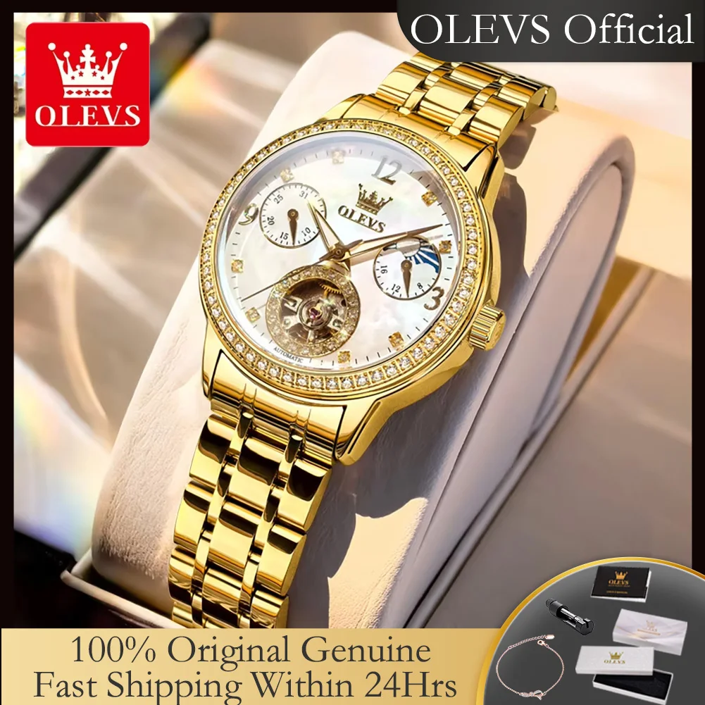 OLEVS 6750 Automatic Woman Watch Stainless Steel Hollow Moon Phase Chronograph Luxury Bezel Diamond Ladies Mechanical Wristwatch