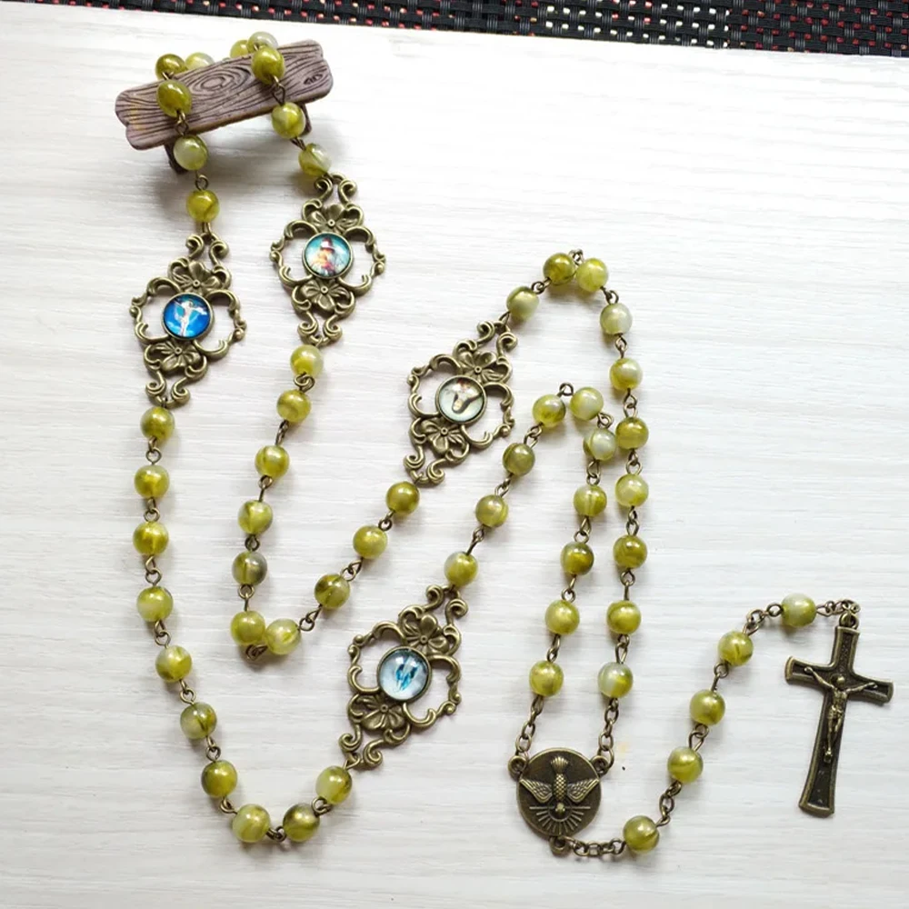 Rosary Necklace Green Meditation Prayer Beads Chain Holy Spirit Dove Medal Crucifix Cross Catholic Jewelry Gifts ICON RANDOM