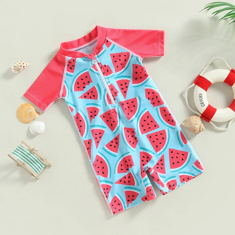 Costume da bagno patchwork con stampa anguria e cerniera a maniche corte per bikini da bambina per abbigliamento da spiaggia estivo