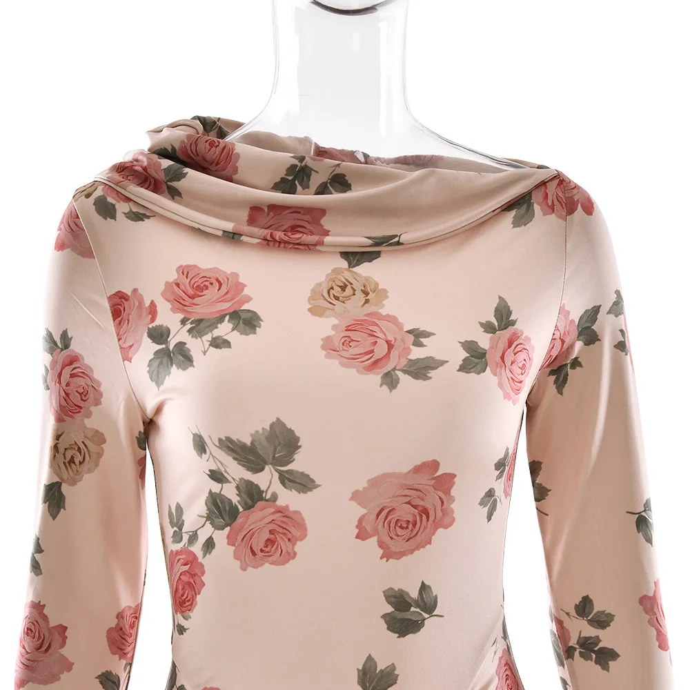 Absobe 여성 2025 가을 겨울 우아한 꽃무늬 프린트 긴 소매 슬림 맥시 드레스 섹시한 러치드 바디콘 이브닝 파티 패션 의상