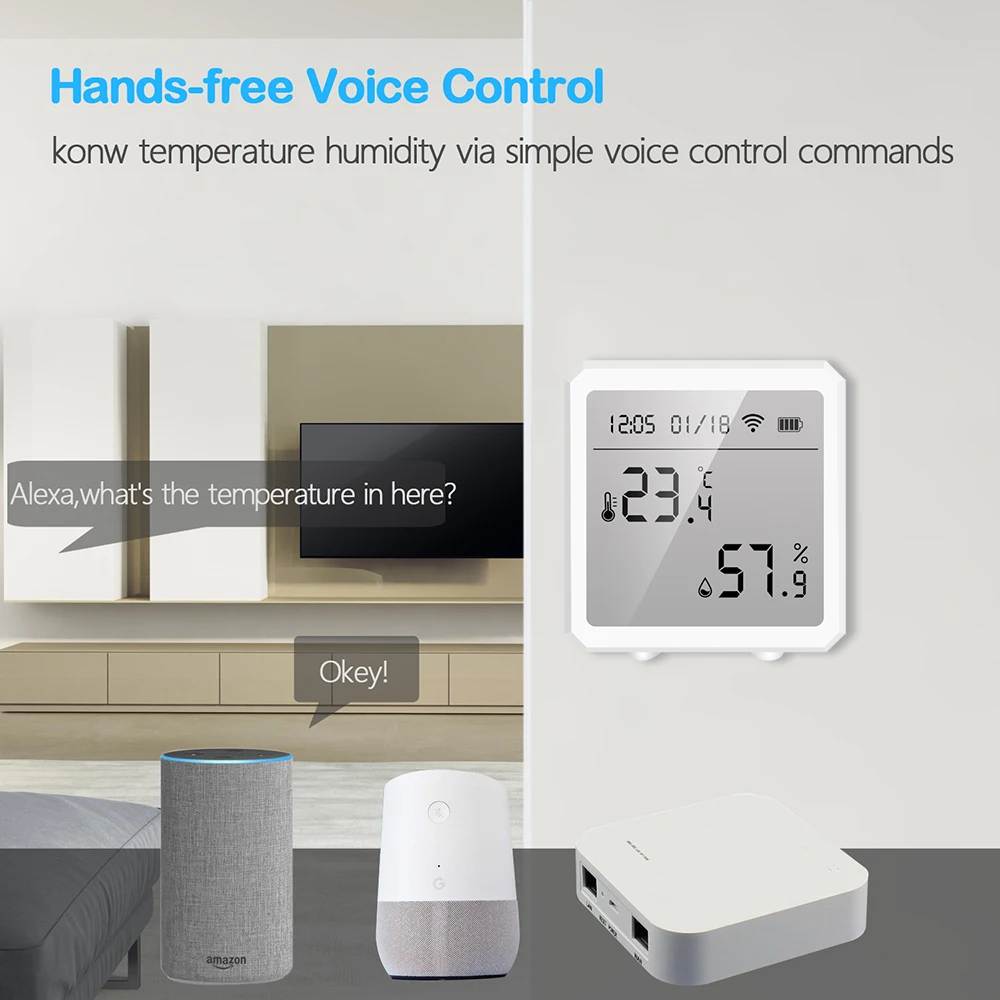 Sensor de Temperatura e Umidade WiFi, Higrômetro Inteligente Tuya Interior, Termômetro com Display LCD, Suporta Alexa e Google Assistant