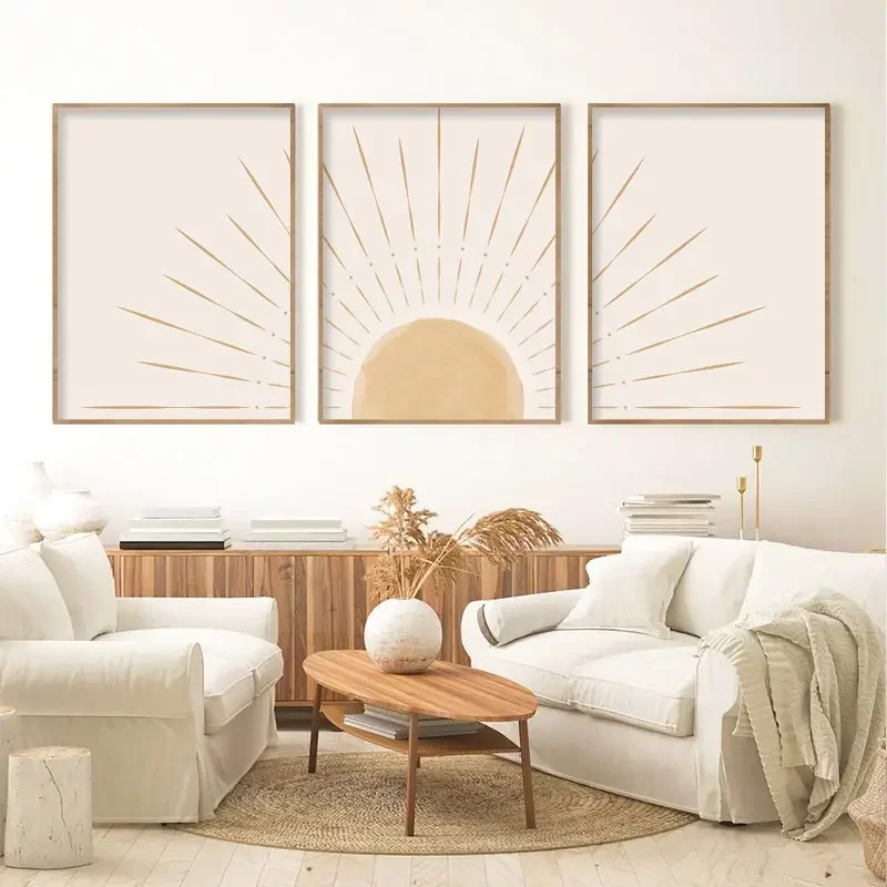 3PCS--Boho Wall Art Yellow Sun Rising on the Horizon Geometric Nature Illustrations Line Art Wall Mid Century Modern Posters