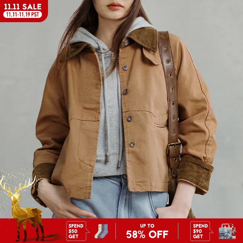 

Maden женская ретро-куртка цвета хаки с вельветовым воротником, тяжелая, свободного кроя, повседневная хлопковая куртка для осени