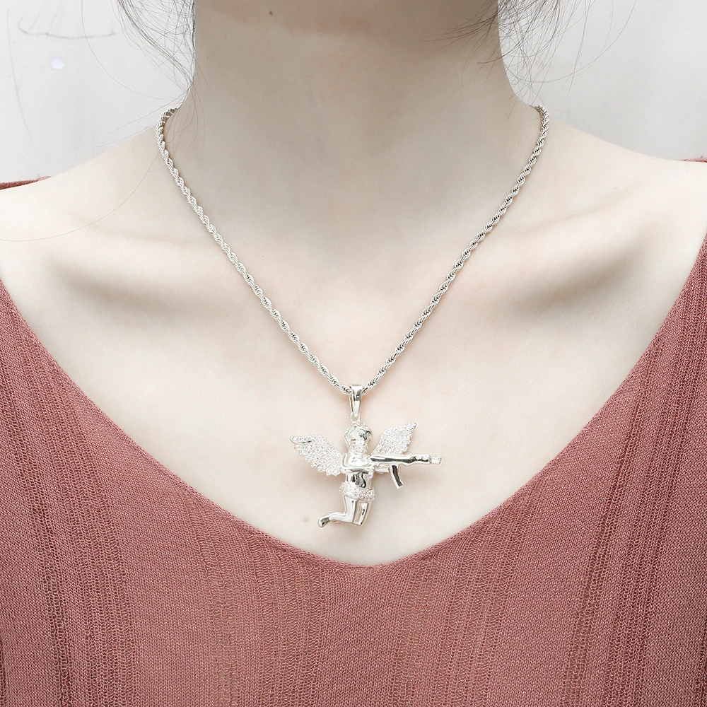 Hip Hop Rapper Punk New Trend Iced Out Angel With Gun Diamond Jewelry  Vengeance Angel Wing Pendant Choker Necklace Women Gift