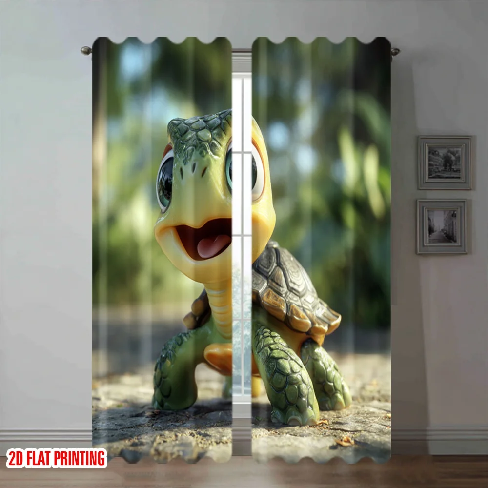 Cute Baby Turtle Curtains, 3D Cartoon Animal Window Drapes, Green Nature Decor Blackout Fabric for Kids Bedroom Nursery Playroom