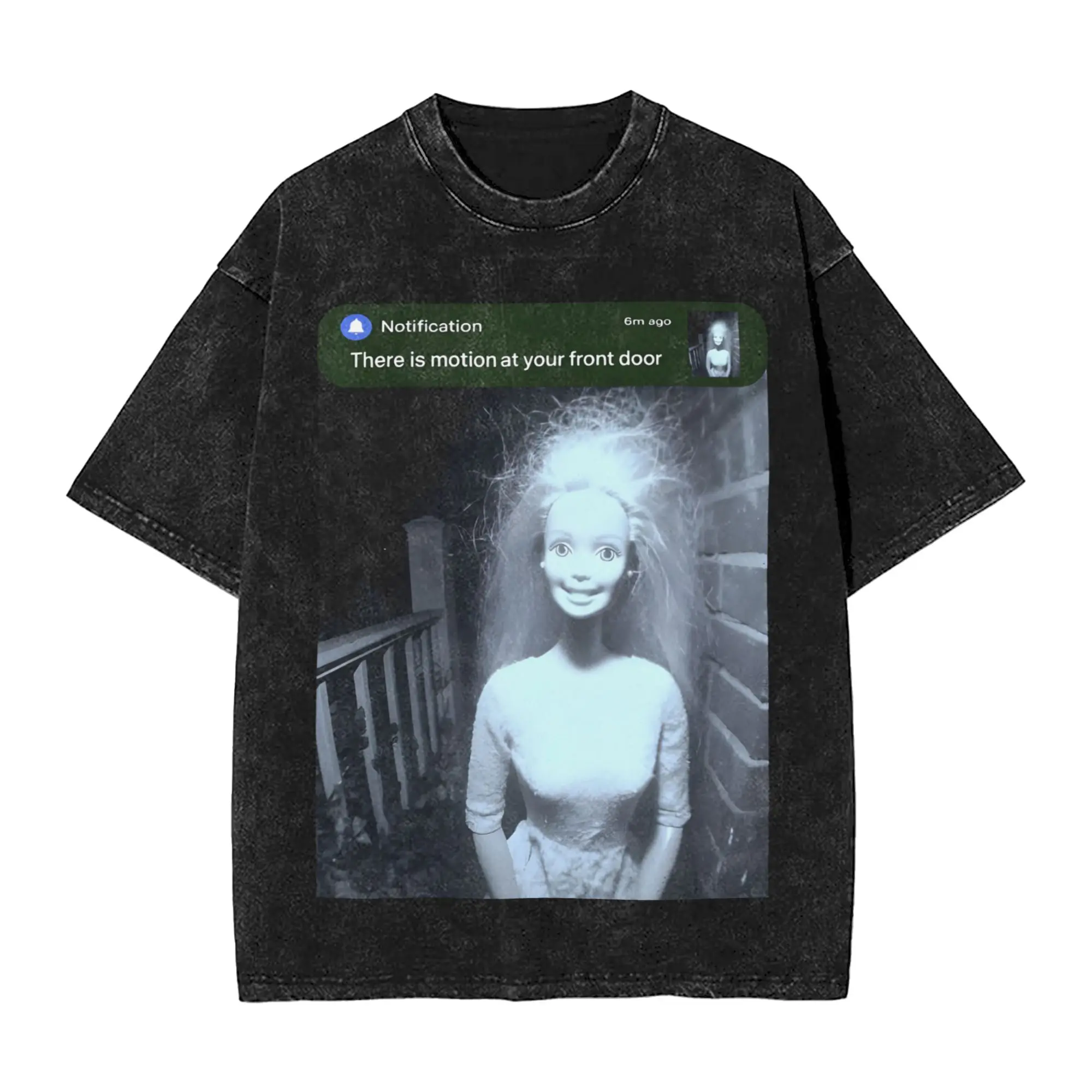 there is motion at your front door creepy doll face meme  Merch Washed T Shirts for Men Women Streetwear Hip Hop T-Shirt