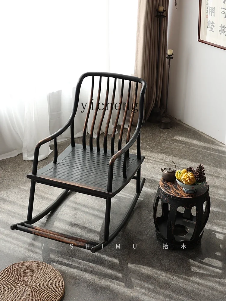 W5.14  Rocking Chair Solid Wood Leisure Reclining Chair Balcony Rocking Chair Northern Elm Wood