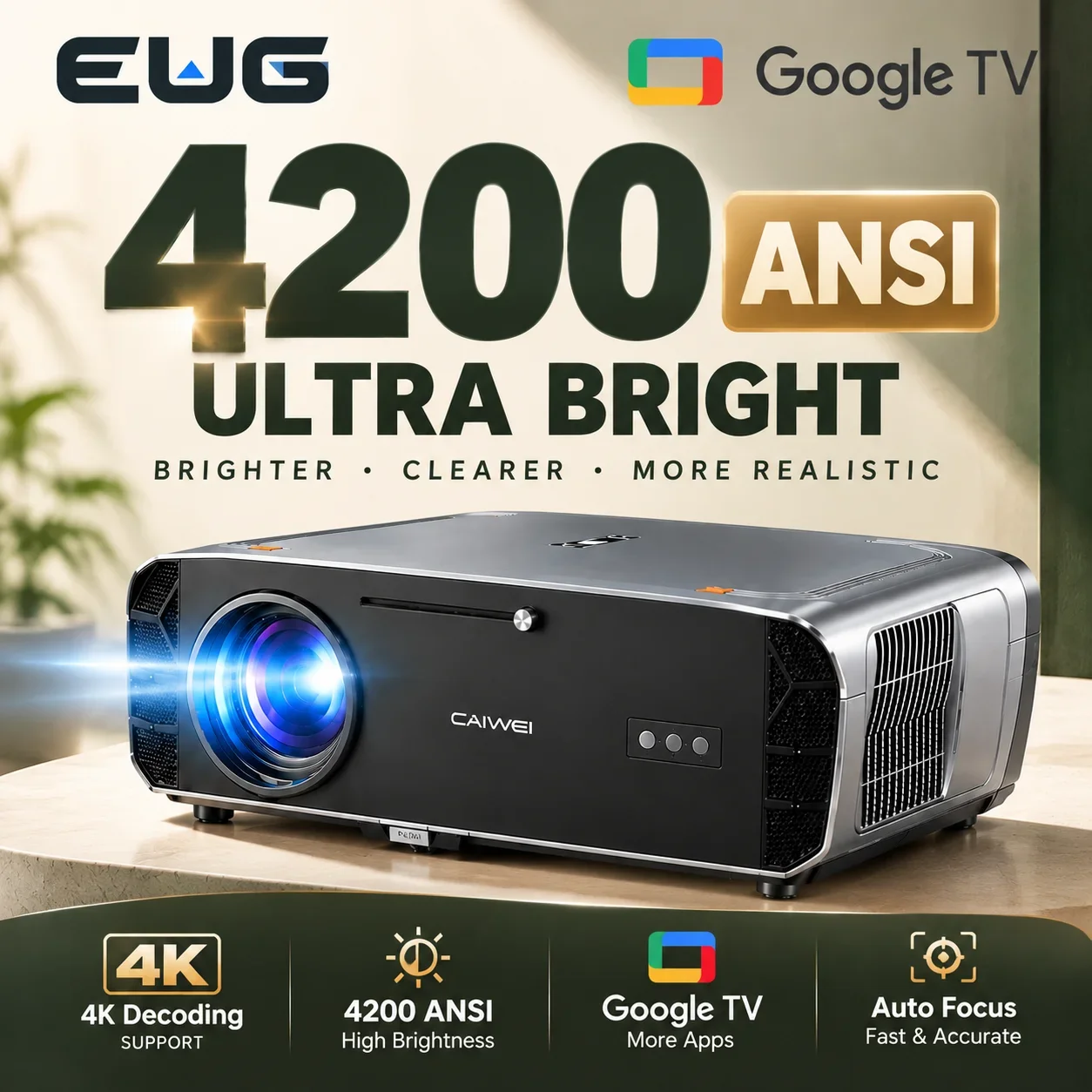S7+ Projektor 4K 4200 ANSI Google TV Android 14 Smart Home Theater Autofokus WiFi 6 Podwójne Głośniki Projektor Filmowy Dnia 4K — zdjęcie produktu 1