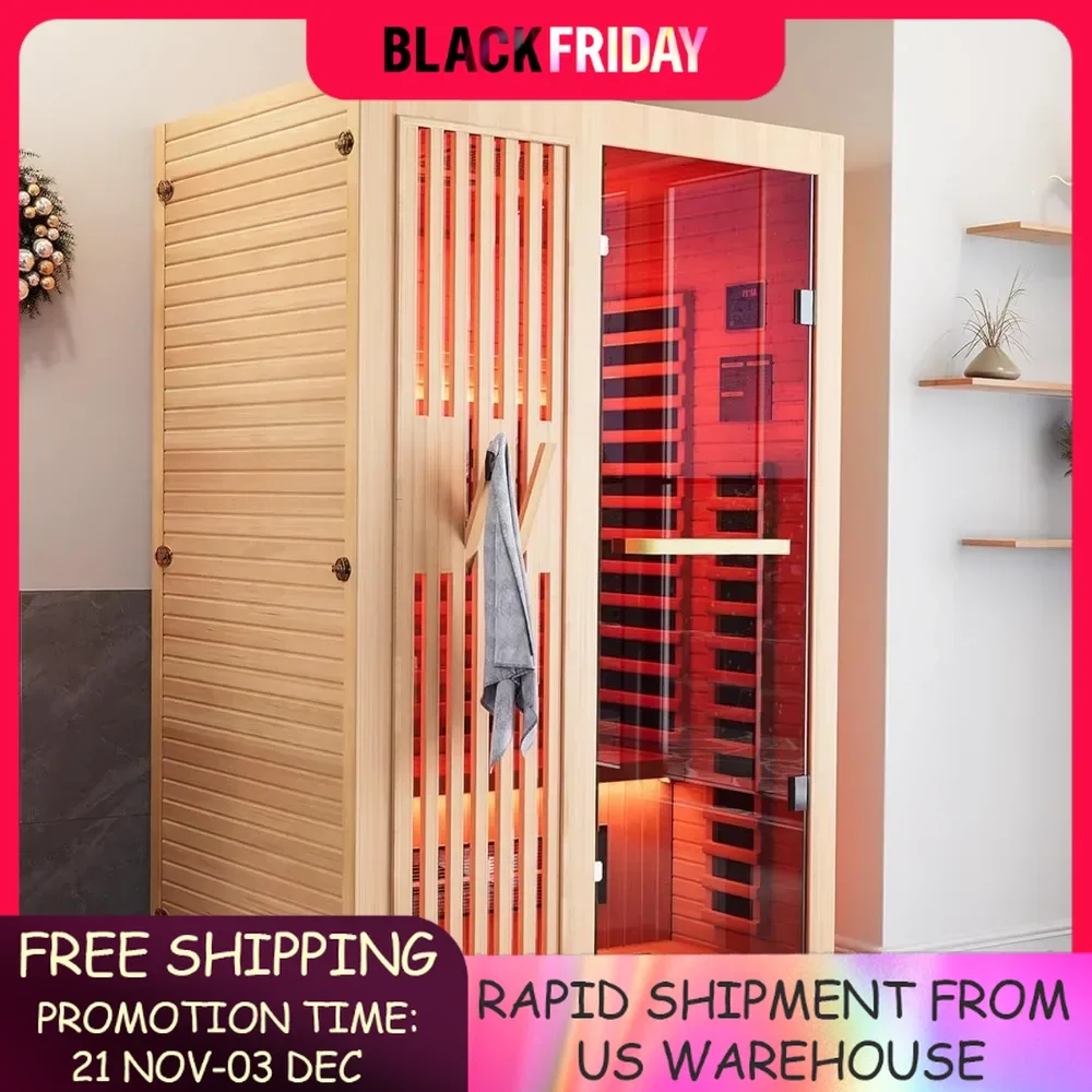 Full Spectrum Sauna for Home, 1~2 Person Indoor Infrared Sauna Room with 10 Minutes Warm-up Heate, Wood Home Infrared Sauna