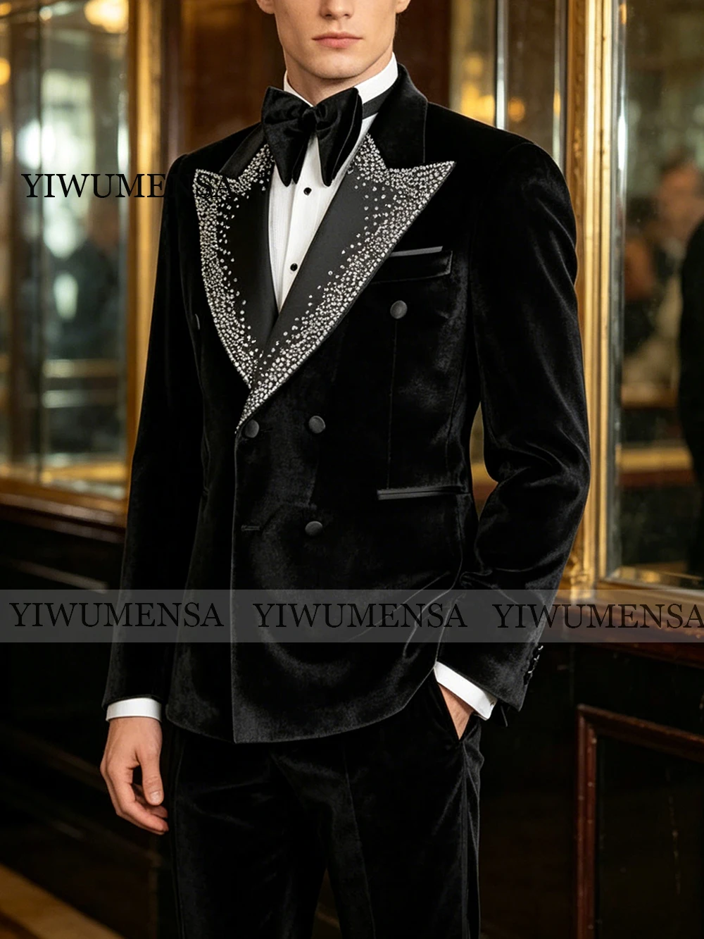 

Exclusive Beaded Suit Man For Wedding Double Breasted Velvet Prom Blazer Customized Groom Tuxedos Slim Fit Terno Masculinos Com