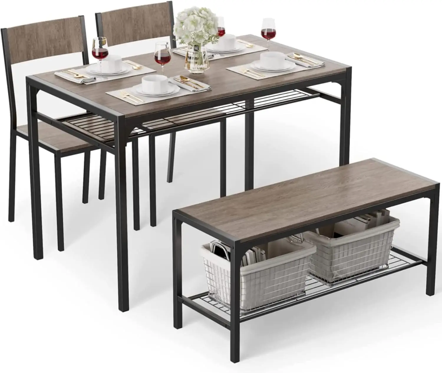 Kitchen Table and 2 Chairs for 4 with Bench, 4 Piece Dining Table Set for Small Space, Apartment