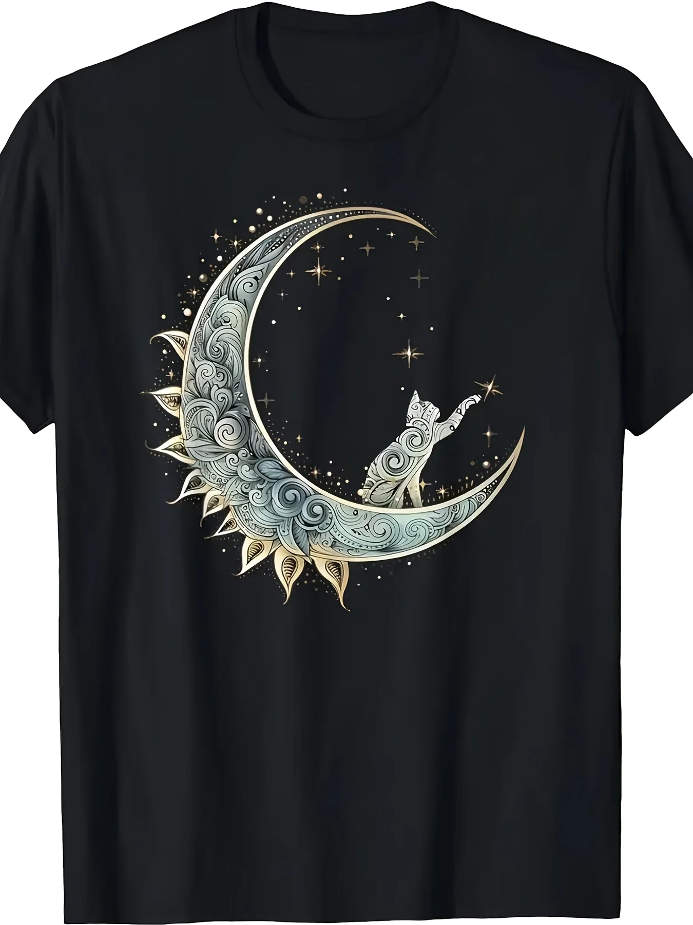 1 Piece, Cat Print T-shirt on The Mysterious Aesthetic Crescentwith Digital Heat Transfer Applique, Regular Version, Adult Style, Retro Casual Crew Neck Print Short-sleeved T-shirt, Suitable for Daily Commuting and Outdoor Activities, Machine Washable