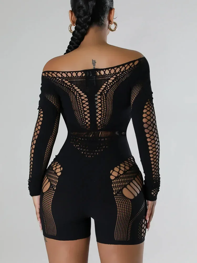 Sexy Mesh See Through Midnight Playsuits Women Long Sleeve Hollow Out Patchwork Skinny Clubwear Rompers Womens Jumpsuit Bodysuit