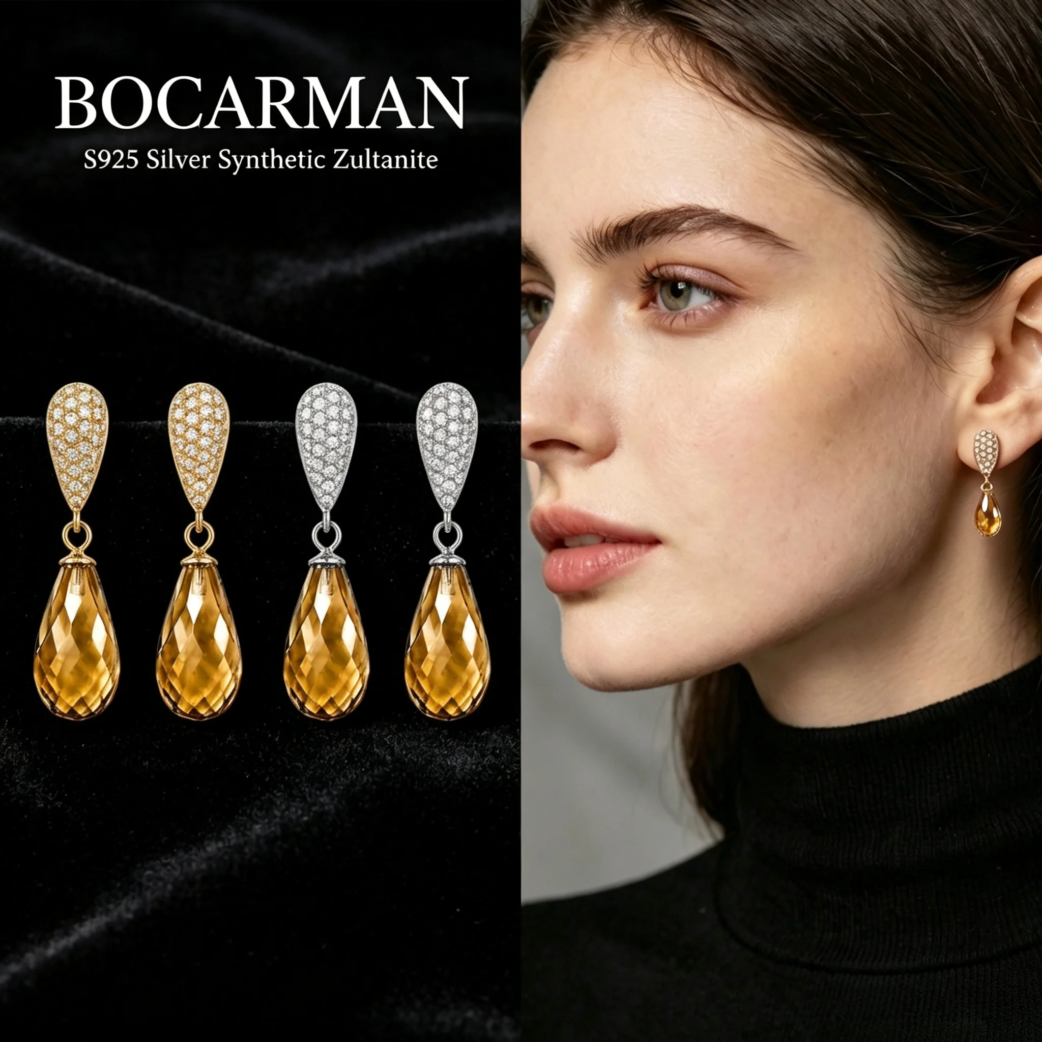 Bocarman Zultanite Teardrop Earrings S925 Sterling Silver Color Change Light Sensitive Long Swing Drop Lab Created Women