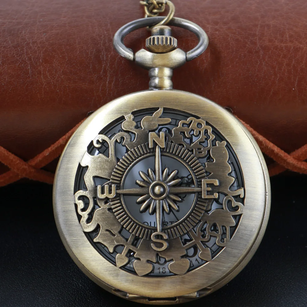 

Bronze Fairy Tale Theme Compass Quartz Pocket Watch Retro Steampunk Necklace Roman Digital Dial Universal for Men and Women