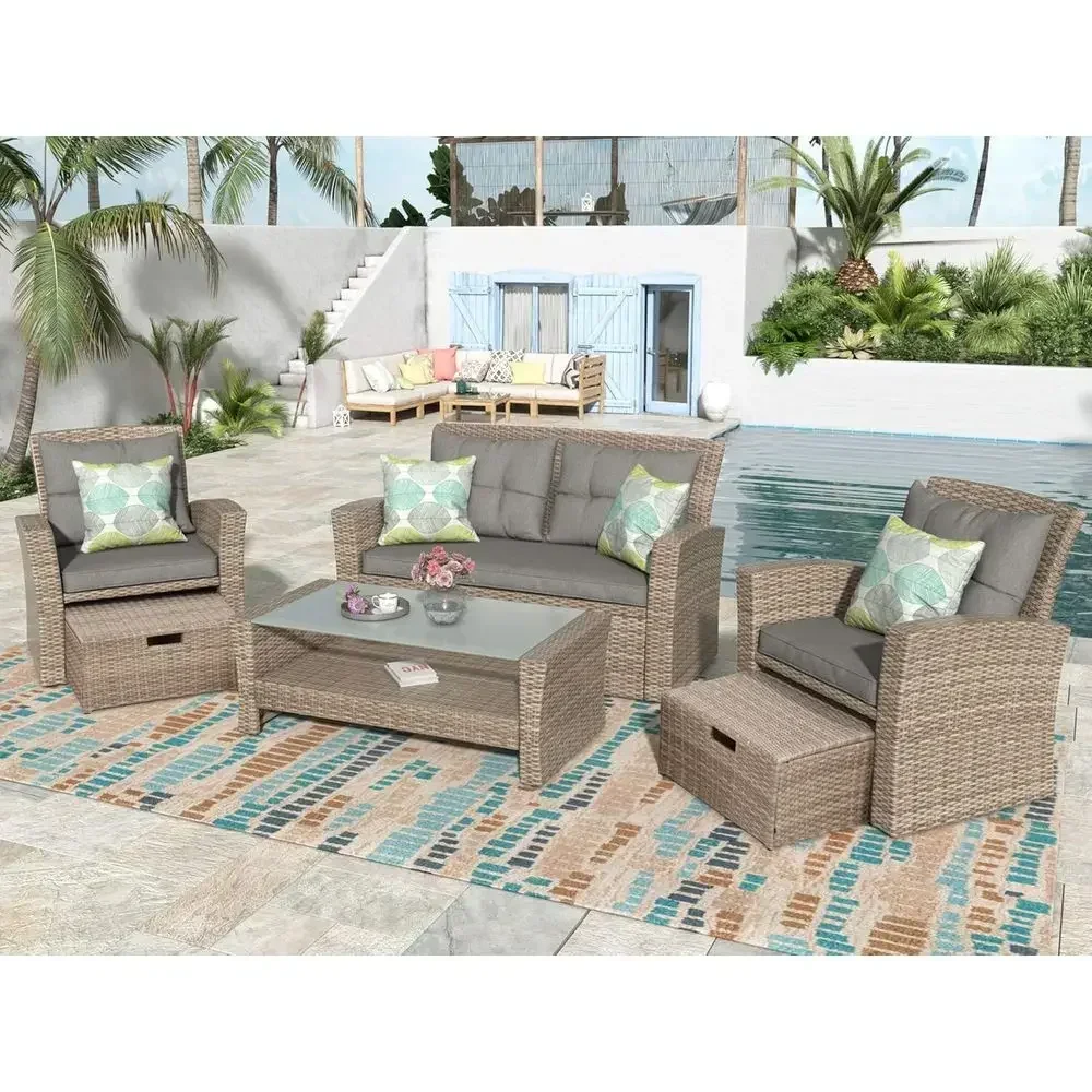 

4-Piece Outdoor Wicker Sectional Sofa Set with Glass Table, Ottoman, and Cushions for Patio or Garden