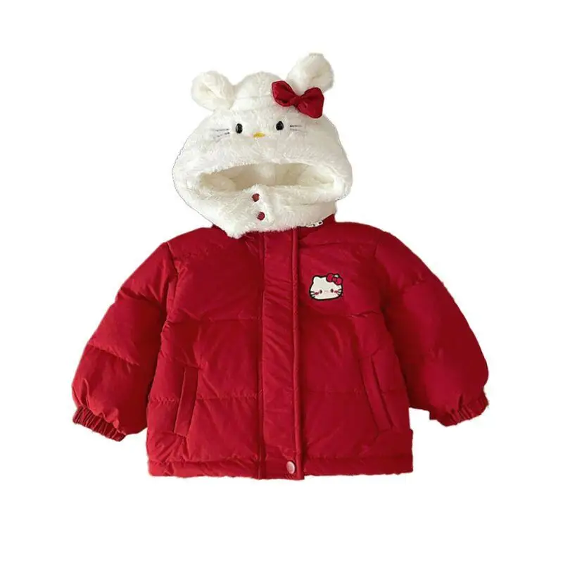 Hot Hello Kitty Kids Cartoon Katoenen Jas Sanrio Meisje Kawaii Leisure Outdoor Jas Met Capuchon Winddicht Dikker Winterkleding Nieuw